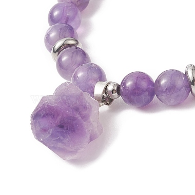 Round Natural Amethyst Beaded Stretch Bracelet with Nuggets Charms for Women(BJEW-JB09316-01)-4