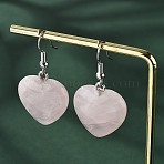 Natural Rose Quartz Dangle Earrings, with Brass Finding, Heart, Platinum, 39~41mm, 19~21x7~8mm, Pin: 0.7mm(EJEW-E218-05P)