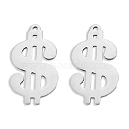 201 Stainless Steel Charms, Dollar Sign, Stainless Steel Color, 26x15x1.5mm, Hole: 1.2mm(STAS-N098-133P)