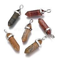 Natural Polychrome Jasper/Picasso Stone/Picasso Jasper Double Terminated Pointed Pendants, with Random Alloy Pendant Hexagon Bead Cap Bails, Bullet, Platinum, 36~45x12mm, Hole: 3x5mm, Gemstone: 10mm in diameter(G-F295-04J)