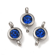 304 Stainless Steel Single Rhinestone Connector Charms, Flat Round Links, Stainless Steel Color, Sapphire, 12x6.5x4mm, Hole: 2mm(STAS-E194-13P-06)