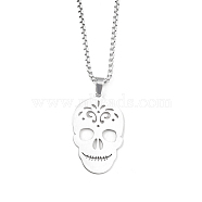 201 Stainless Steel Pendant Necklaces for Man, Skull, Stainless Steel Color, 23.58 inch(59.9cm), Skull: 35.5x21.5x1.3mm(NJEW-Q336-04A-P)