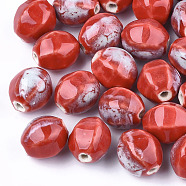 Handmade Porcelain Beads, Fancy Antique Glazed Porcelain, Oval, Red, 15.5~16x14.5~15x13~13.5mm, Hole: 2mm(PORC-S498-47K)