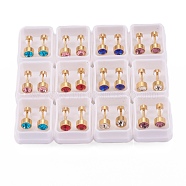 304 Stainless Steel Earlobe Plugs, Screw Back Earrings, with Rhinestone, Column, Golden, Mixed Color, 13mm, Pin: 1mm(EJEW-H105-16)