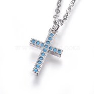 304 Stainless Steel Pendant Necklaces, with Cubic Zirconia, Cross, Deep Sky Blue, Stainless Steel Color, 17.71 inch(45cm)(NJEW-L146-12P)