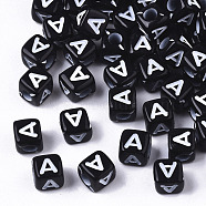 Opaque Acrylic Beads, Horizontal Hole, Alphabet Style, Cube, Black & White, Letter.A, 5x5x5mm, Hole: 2mm, about 5000pcs/500g(SACR-N002-01A)