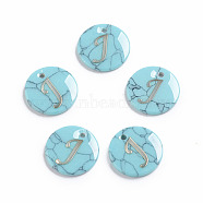 Synthetic Turquoise Charms, with Plastic Letter, Flat Round, Letter.J, 15x2mm, Hole: 1.5mm(G-L561-001J)