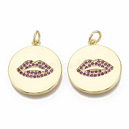 Brass Micro Pave Cubic Zirconia Pendants, with Jump Rings, Nickel Free, Flat Round with Lip, Medium Violet Red, Real 16K Gold Plated, 21x18.5x2mm, Jump Rings: 5x0.8mm.(ZIRC-T014-026-NF)