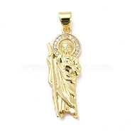 Rack Plating Brass Micro Pave Cubic Zirconia Pendants, Religion Saint Jude Charm, Long-Lasting Plated, Cadmium Free & Lead Free, Real 18K Gold Plated, 29.5x10.5x2.5mm, Hole: 3.5x4mm(KK-K270-32G)