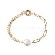 Natural Pearl Link Anklet with Brass Cob Chains for Women, Real 18K Gold Plated, 9-1/4 inch(23.5cm)(AJEW-AN00524)