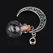 Round with Moon Glass Wishing Bottle European Dangle Charms, with Tibetan Style Alloy Hollow Pendants, Iron Findings and Tibetan Style Alloy Hangers, Antique Silver, 55mm, Hole: 5mm, Capacity: 1ml(0.03 fl. oz)(PALLOY-JF00167-01)