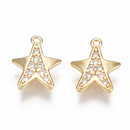 Brass Cubic Zirconia Charms, Star, Clear, Nickel Free, Real 18K Gold Plated, 10.5x9x1.5mm, Hole: 1mm(KK-S350-091G)