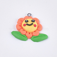 Handmade Polymer Clay Pendants, with Iron Findings, Flower, Platinum, Colorful, 30x34.5x8.5mm, Hole: 1.5mm(X-CLAY-S093-06)