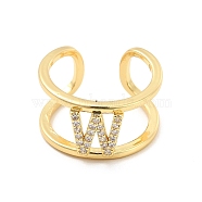 Clear Cubic Zirconia Initial Letter Open Cuff Ring, Real 18K Gold Plated Brass Double Line Ring for Women, Lead Free & Cadmium Free, Letter.W, US Size 6(16.5mm)(RJEW-A012-01G-W)