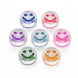 Transparent Acrylic Beads, Horizontal Hole, with Glitter Powder & Enamel, Flat Round with Smile Face, Mixed Color, 10x5mm, Hole: 2mm, about 160pcs/50g(X-MACR-N008-55)