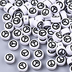 Opaque Acrylic Beads, with Enamel, Flat Round with Peace Sign, Black, White, 7x4mm, Hole: 1.6mm, about 730pcs/100g(MACR-SZ0001-02A)