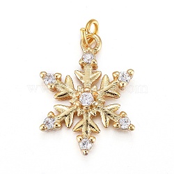 Brass Micro Pave Clear Cubic Zirconia Pendants, with Jump Rings, Snowflake, Real 18K Gold Plated, 17.2x13x2.8mm, Jump Ring: 4.4x0.6mm, Hole: 3.2mm(X-KK-I674-21G)