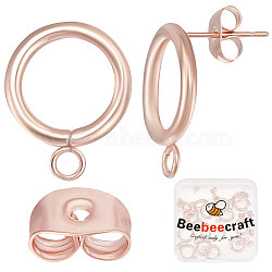 20Pcs 304 Stainless Steel Ring Stud Earring Findings, with Horizontal Loops & 20Pcs Brass Ear Nuts, Rose Gold, 18x14mm, Hole: 3.2mm, Pin: 0.7mm(STAS-BBC0001-76RG)