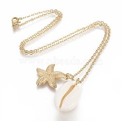 304 Stainless Steel Pendant Necklaces, with Natural Cowrie Shell, Starfish/Sea Stars, Golden, 450x2mm(NJEW-F260-05G)