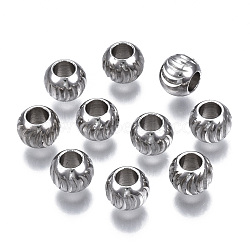201 Stainless Steel Corrugated Beads, Round, Stainless Steel Color, 8x6mm, Hole: 3.6mm(STAS-S117-014B)