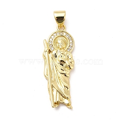 Rack Plating Brass Micro Pave Cubic Zirconia Pendants, Religion Saint Jude Charm, Long-Lasting Plated, Cadmium Free & Lead Free, Real 18K Gold Plated, 29.5x10.5x2.5mm, Hole: 3.5x4mm(KK-K270-32G)