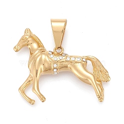 304 Stainless Steel Pendants, with Crystal Rhinestone, Horse, Golden, 33x40x6.5mm, Hole: 6.5x12mm(STAS-I163-051G)