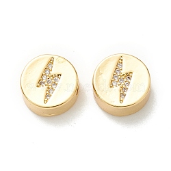 Rack Plating Eco-Friendly Brass Beads, Micro Pave Clear Cubic Zirconia, Long-Lasting Plated, Cadmium Free & Lead Free, Flat Round with Lightning Bolt, Real 18K Gold Plated, 11x5.1mm, Hole: 2.1mm(KK-K267-04G)