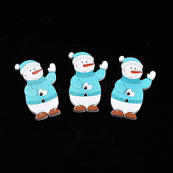 Christmas 2-Hole Spray Painted Maple Wooden Buttons, Single-Sided Printed, Snowman, Medium Turquoise, 35x21.5x2mm, Hole: 1.8mm(WOOD-N005-47)