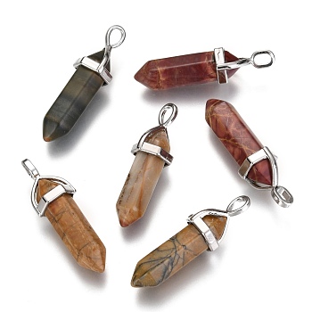 Natural Polychrome Jasper/Picasso Stone/Picasso Jasper Double Terminated Pointed Pendants, with Random Alloy Pendant Hexagon Bead Cap Bails, Bullet, Platinum, 36~45x12mm, Hole: 3x5mm, Gemstone: 10mm in diameter