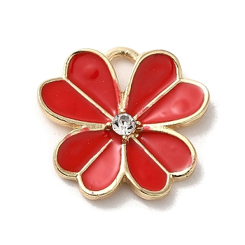 Flower Alloy Enamel Pendants, with Rhinestone, Light Gold, Red, 19x19.5x3mm, Hole: 4x2.5mm