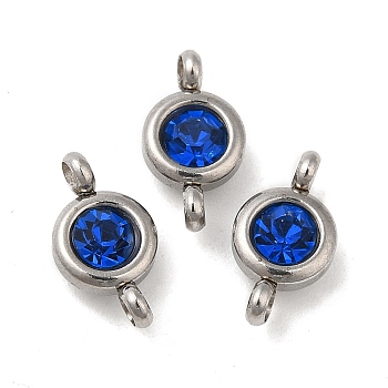 304 Stainless Steel Single Rhinestone Connector Charms, Flat Round Links, Stainless Steel Color, Sapphire, 12x6.5x4mm, Hole: 2mm