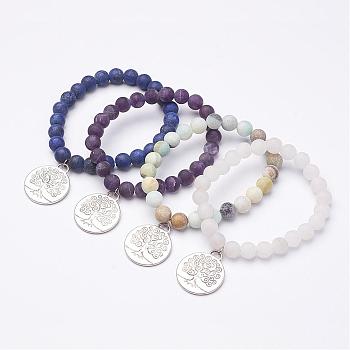 Frosted Natural Gemstone Beaded Charm Bracelets, with Alloy Pendants, Tree of Life, Antique Silver, 2 inch(51mm)