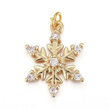 Brass Micro Pave Clear Cubic Zirconia Pendants, with Jump Rings, Snowflake, Real 18K Gold Plated, 17.2x13x2.8mm, Jump Ring: 4.4x0.6mm, Hole: 3.2mm