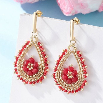 Teardeop Glass Beaded & Dyed Natural Malaysia Jade Dangle Stud Earrings, Golden, with 304 Stainless Steel Stud Earring Findings, Red, 51.5x26.5mm