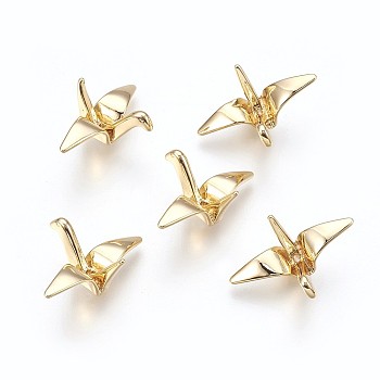 Brass Beads, Paper Crane, Real 18K Gold Plated, 15x23x10mm, Hole: 1mm