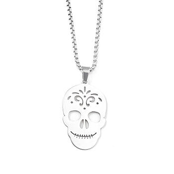 201 Stainless Steel Pendant Necklaces for Man, Skull, Stainless Steel Color, 23.58 inch(59.9cm), Skull: 35.5x21.5x1.3mm