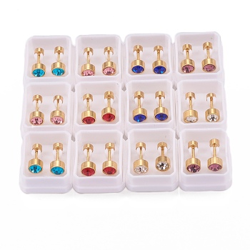 304 Stainless Steel Earlobe Plugs, Screw Back Earrings, with Rhinestone, Column, Golden, Mixed Color, 13mm, Pin: 1mm
