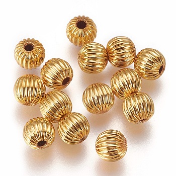 Brass Corrugated Beads, Round, Long-Lasting Plated, Golden, 6x5.5mm, Hole: 1.5mm