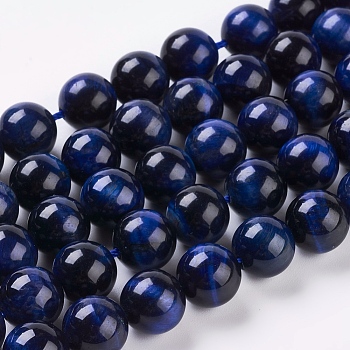 Natural Blue Tiger Eye Beads Strands, Dyed & Heated, Round, Midnight Blue, 10mm, Hole: 1mm, about 19pcs/strand, 7.8 inch