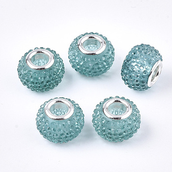 Resin Rhinestone European Beads, Large Hole Beads, with Platinum Tone Brass Double Cores, Rondelle, Berry Beads, Turquoise, 14x10mm, Hole: 5mm