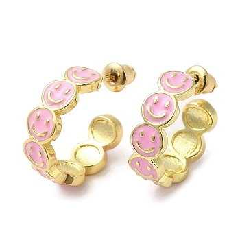 Smiling Face Real 18K Gold Plated Brass Stud Earrings, Half Hoop Earrings with Enamel, Pink, 19x6mm