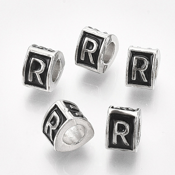 Alloy European Beads, Enamel Style, Large Hole Beads, Triangle with Letter, Platinum, Black, Letter.R, 9.5x9x6.5mm, Hole: 5mm