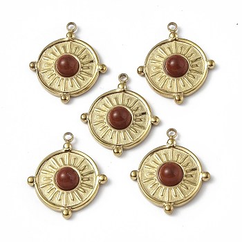 Vacuum Plating 201 Stainless Steel Natural Red Jasper Pendants, Real 18K Gold Plated, Flat Round Charms, 20.5x18x4mm, Hole: 1.2mm