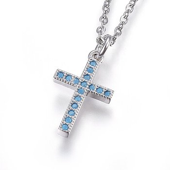 304 Stainless Steel Pendant Necklaces, with Cubic Zirconia, Cross, Deep Sky Blue, Stainless Steel Color, 17.71 inch(45cm)