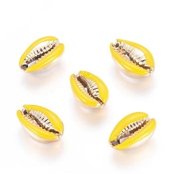 Electroplated Cowrie Shell Beads, with Enamel, Undrilled/No Hole Beads, Golden, Yellow, 18~22x13~15x7~8mm