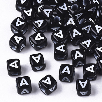 Opaque Acrylic Beads, Horizontal Hole, Alphabet Style, Cube, Black & White, Letter.A, 5x5x5mm, Hole: 2mm, about 5000pcs/500g