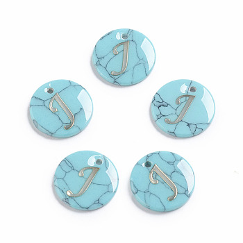 Synthetic Turquoise Charms, with Plastic Letter, Flat Round, Letter.J, 15x2mm, Hole: 1.5mm
