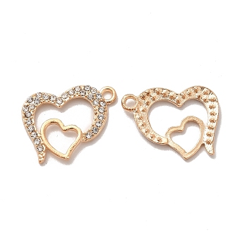 Alloy Rhinestone Pendants, Double Heart Charms, Golden, 23x18x2mm, Hole: 2mm
