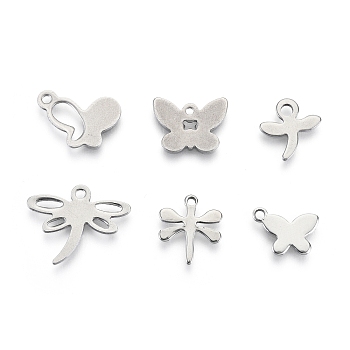 201 Stainless Steel Charms, Laser Cut, Mixed Shapes, Stainless Steel Color, 8~14x10~17x0.7~0.8mm, Hole: 1.2~1.8mm, 6 patterns, 1 pattern/200pcs