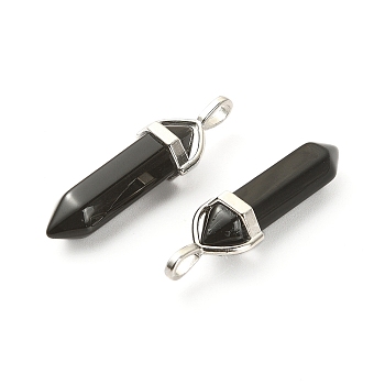 2Pcs Natural Obsidian Double Terminal Pointed Pendants, Faceted Bullet Charms, with Platinum Tone Random Alloy Pendant Hexagon Bead Cap Bails, 36~45x12mm, Hole: 3x5mm, Gemstone: 10mm in diameter